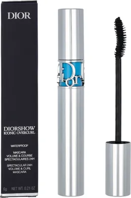 A product shot of Dior Diorshow Iconic Overcurl Waterproof Mascara, including its packaging and the mascara wand.