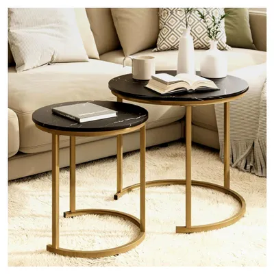 Produktbild von Rundes Couchtisch-Set 2er, Wohnzimmertisch, Beistelltische in Gold Metall, Kaffeetisch für Wohnzimmer und Schlafzimmer, Schwarz mit Gold