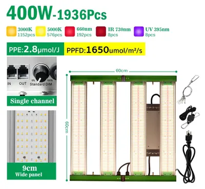 Immagine prodotto di Lampada LED per piante - Lampada di coltivazione 400W, canale singolo - Spettro completo - Dimmerabile con manopola - Pieghevole - Adatta per grow box e serre interne - Alluminio, 110–240V