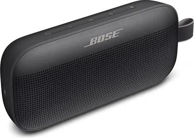 A black Bose SoundLink Flex Bluetooth portable speaker is shown from a slightly elevated angle against a white background.
