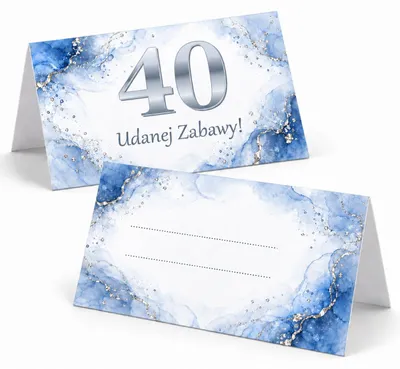Obrázek produktu pro Skládací jmenovky na stůl – 40. narozeniny – Světle modrý akvarel a stříbrná – 6 ks