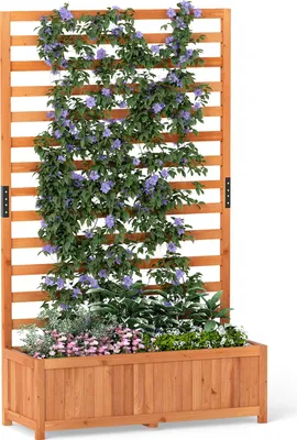 Immagine prodotto di COSTWAY Fioriera con traliccio, fioriera per piante rampicanti, letto rialzato con traliccio, rivestimento e drenaggio, fioriera in legno 90x35x150cm arancione