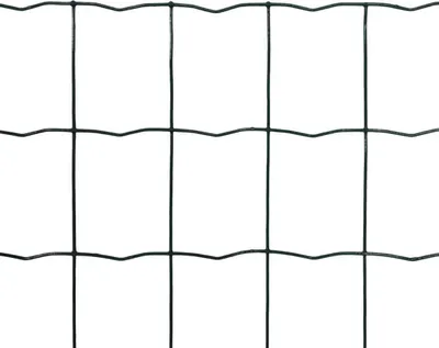 A close-up of a green wire mesh fence.