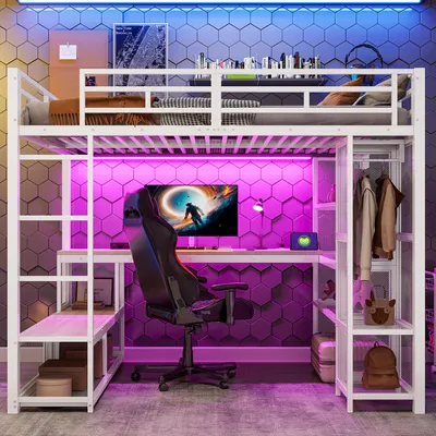 A loft bed with a desk and storage, set up in a room with colorful LED lighting.