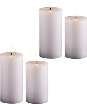 Produktbild von 4er Set Led Kerzen flackernde Flamme mit Echtwachspiegel weiß 7,5cm ø 2x 15 cm, 2x12,5 cm Höhe, LED Kerzen mit Timerfunktion, 2 AA Batterien nötig, LED Echtwachs Stumpenkerzen warmweiß
