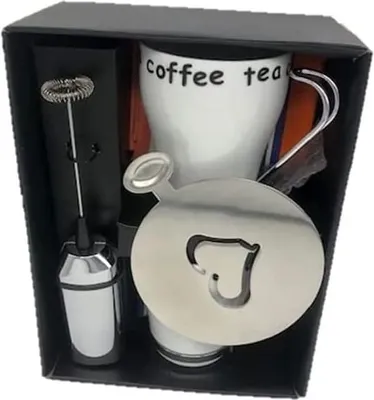 Produktbild von Kaffee-Teeglas-Set 2-teilig mit batteriebetriebenem Milchaufschäumer, Herzschablone, Chrom Metallgriff, spülmaschinengeeignet, Geschenkbox