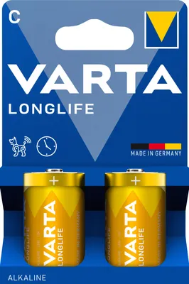 Packaging for two VARTA Longlife C/LR14 alkaline batteries.