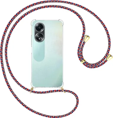 Produktbild von Handykette Backcover-Schutzhülle mit Band (Metall goldfarben) für Oppo A58 4G (CPH2577) - silber/blau/rot