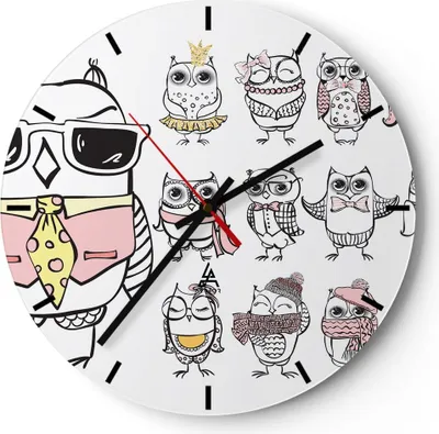 Produktbild von Wanduhr - Rund - Glasuhr - Eule Spaß Junge fröhlich - 40x40cm - Schleichendes Uhrwerk - Lautlos - zum Aufhängen bereit - Dekoration Modern - Wanddekoration aus Glas - C3AR40x40-2905
