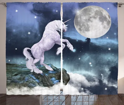 Produktbild von ABAKUHAUS Einhorn Rustikaler Gardine, Rock Up Cliffs Bild, Schlafzimmer Kräuselband Vorhang mit Schlaufen und Haken, 280 x 260 cm, Grau Schwarz Weiß