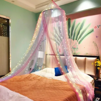 Immagine prodotto di Tenda a baldacchino con motivo arcobaleno, 250 luci calde, ideale per camerette da bambine, zanzariera inclusa