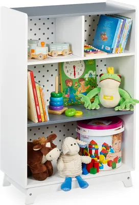 Produktbild von Relaxdays Kinderregal für Spielsachen & Bücher, HBT: 90x60x30 cm, 4 Fächer, Mädchen & Jungen, Spielzeugregal, weiß/grau