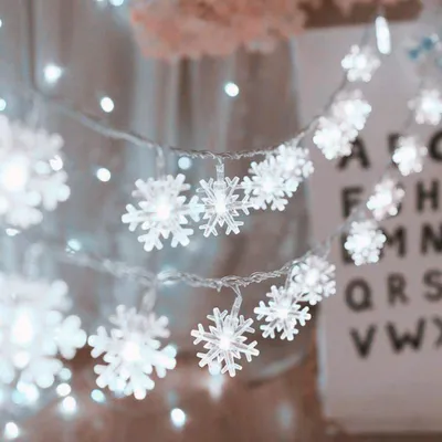 A close-up of a string of snowflake-shaped LED lights.