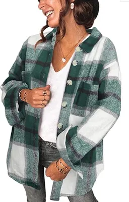 Produktbild von ASKSA Damen Plaid Knöpfe Shirts Flanell Farbblock Oberteile, Grün, XL