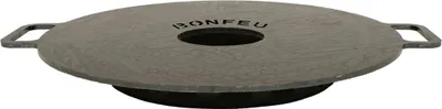 A round, gray grill plate with handles and a central opening, with the brand name "BONFEU" visible on its surface.