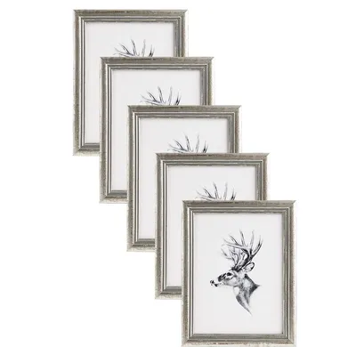 A set of five silver picture frames arranged diagonally on a white background.