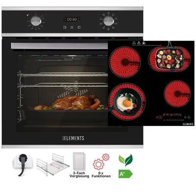 Produktbild von KB ELEMENTS Sparset, Einbauherd Set, Herdset, Glaskeramikkochfeld 60cm 7200 Watt, Einbaubackofen 60cm 70 Liter, EEK A+