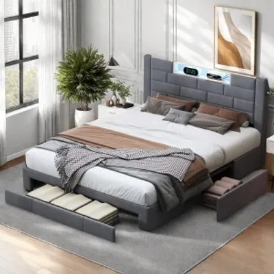 Produktbild von UnboxG Polsterbett 140x200cm mit USB und Steckdosen, Jugendbett Doppelbett mit 3 Schubladen, Stauraumbett Massivholzbett mit LED/Typ C und Lattenrost Grau
