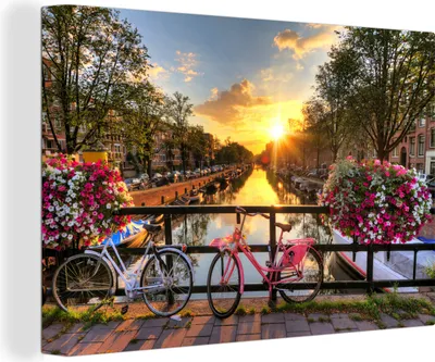 Produktbild von MuchoWow® - Leinwandbilder - Fahrrad - Amsterdam - Frühling, Wandbild, Wanddeko Bilder Wohnzimmer, 90x60 cm