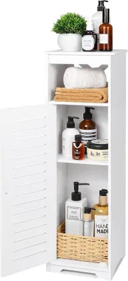 Produktbild von Famanu Schmaler Freistehender Schrank mit Regal und Tür - Badezimmer, Flur oder Wohnzimmer - Weiß