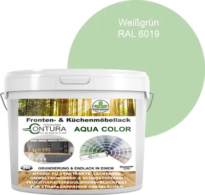 Produktbild von 2 Liter + Anlauger - Contura Küchenmöbellack RAL Möbellack SEIDENMATT SET Möbelfarbe Holzlack Buntlack Küchenlack - RAL 6019 Weißgrün