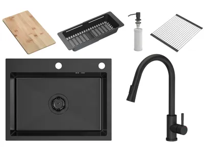 Produktbild von VBChome Edelstahlspüle mit Armatur 58 x 45 cm Schwarz Zubehörset Spender Schneidbrett Rollmatte Faltbarer Abtropfständer Siphon Armatur Schwarz