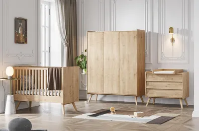 Produktbild von Babyzimmer Kinderzimmer Vienna komplett Set B Schrank 3-türig Kommode Wickelansatz Bett 140x70 Eiche