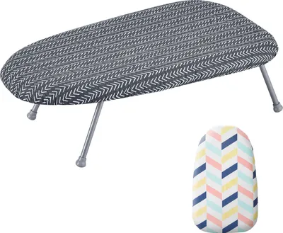 A small ironing board with a patterned cover and a separate patterned cover shown below it.