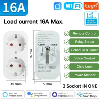 Immagine prodotto di Presa Wi-Fi, presa intelligente con controllo tramite app, presa wireless, Smart Plug, max. 3520,00 W, 16 A, presa Wi-Fi con timer. Quantità: 1 pezzo, versione: doppia