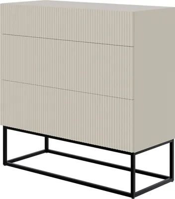A three-drawer chest of drawers with a textured front and a black metal frame, shown against a white background.