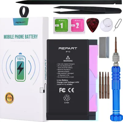 A product shot of a mobile phone battery replacement kit for an iPhone 12, including the battery, tools, and packaging.
