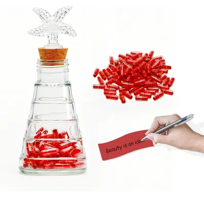 Productafbeelding van Boodschappenfles met 100 capsules, geschikt voor koppels, jubilea, Valentijnsdag, verjaardagen, Kerstmis, rood, torenvormig