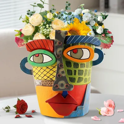 Image de Pot de fleurs abstrait avec visage - 18,5 cm. Pot décoratif pour intérieur