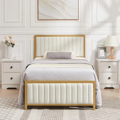 Productafbeelding van VECELO bedframe, 90 x 200 cm, eenpersoonsbed met gestikte linnen hoofdbord en voeteneinde