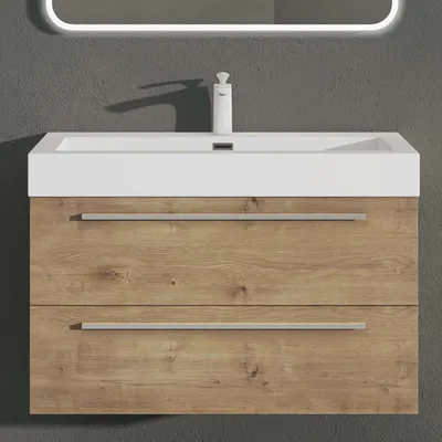 Produktbild von doporro Badmöbel-Set Waschbeckenunterschrank mit Soft-Close in Kerneiche 90x48x60cm Waschplatz komplett Set inkl. Mineralguss-Waschbecken