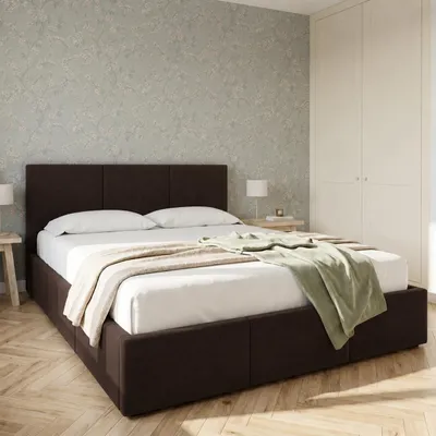 Produktbild von Home Collective Bett Doppelbett Polsterbett Bettgestell mit Lattenrost & Stauraum mit Bettkasten, Kopfteil mit 3 Paneelen | weicher Samt | 140x200 cm | Schokoladenbraun, KI-generiertes Bild