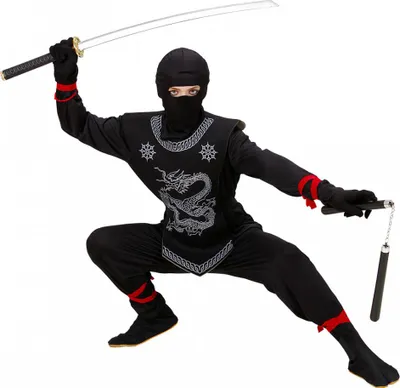 Produktbild von Schwarzes Ninja Kinderkostüm mit Drachen Print für Fasching Größe: S / 5-7 Jahre