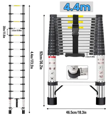 Produktbild von Teleskopleiter - Gerade Leiter - 4,4 m - Edelstahl - Zusammenklappbar - Verriegelung - Tragfähigkeit 150 kg