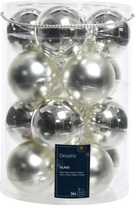 Produktbild von Set aus 16 silbernen Christbaumkugeln aus Glas 8cm glänzend matt
