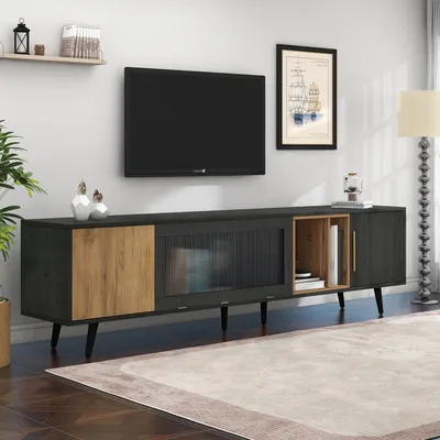 Produktbild von okwish TV-Schrank Wohnzimmerschrank Fernsehbank mit Grau-Holzmaserung,Beistellschrank Fernsehschrank mit herunterklappbare Tür für 90-Zoll-Fernseher,Grau