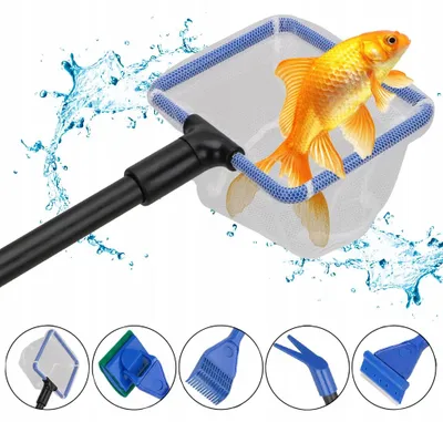 Immagine prodotto di Accessori Acquario 5 in 1 per Pulizia Acquario, Retino, Raschietto Vetri, Pinze, Rastrello, Gancio