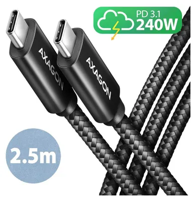 Produktbild von Axagon BUCM2-CM25AB Ladekabel USB-C zu USB-C 2.0, 2,5 m, PD 240 W 5 A, ALU - Schwarz - 2,5 Meter langes USB-C zu USB-C Kabel, 2,5 m, USB C, USB C, USB 2.0, 0,48 Gbit/s, Schwarz