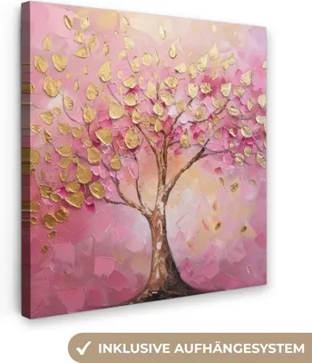 Produktbild von MuchoWow® - Leinwandbilder - Baum - Rosa - Gold - Modern, Wandbild, Wanddeko Bilder Wohnzimmer, 90x90cm
