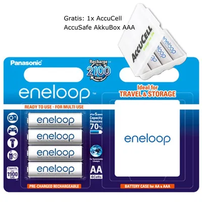 Zdjęcie produktu dla AA Panasonic eneloop Standard Mignon BK-3MCCEC4BE 2000mAh 4 Stück inkl. eneloop Case und AccuCell AkkuSafe AA