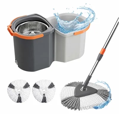 Immagine prodotto di Set di mocio e secchio Relaxdays, capacità 7,5 litri, con sistema di centrifuga, impilabile, rotante, dimensioni: 25x28x54 cm, 2 teste in microfibra, colore grigio