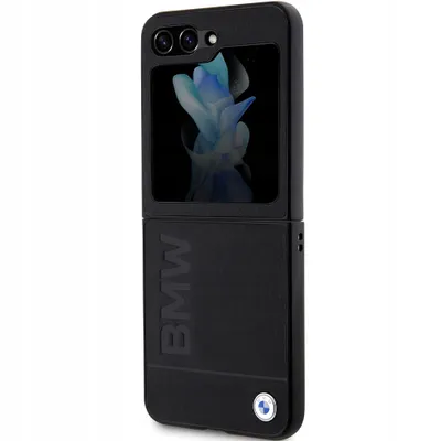 A black flip phone case with the BMW logo embossed on it.