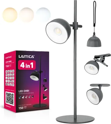 Productafbeelding van LAITICA LED ORBI 2.5W bureaulamp - 4-in-1, grijs, USB-oplaadstation, DRIE LICHTKLEUREN