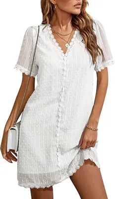 Produktbild von ASKSA Damen Chiffon Kleider V-Ausschnitt Sommerkleid Swiss Dot Spitze A-Linie Minikleid, Weiß, L