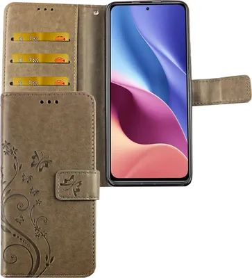 Produktbild von Xiaomi Mi 11i / Poco F3 Tasche Handy Hülle Schutz-Cover Flip-Case mit Kartenfach, Farbe:Blumen Grau