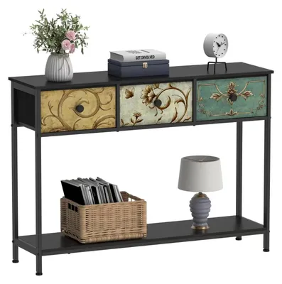 Image de TRANKIELO® - Table d'appoint avec 3 tiroirs en tissu – Design vintage – Métal et MDF – Montage facile – Noir